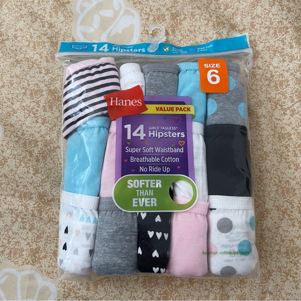 Hanes Girls' Tagless Super Soft Cotton Hipsters 14 pack Size 6